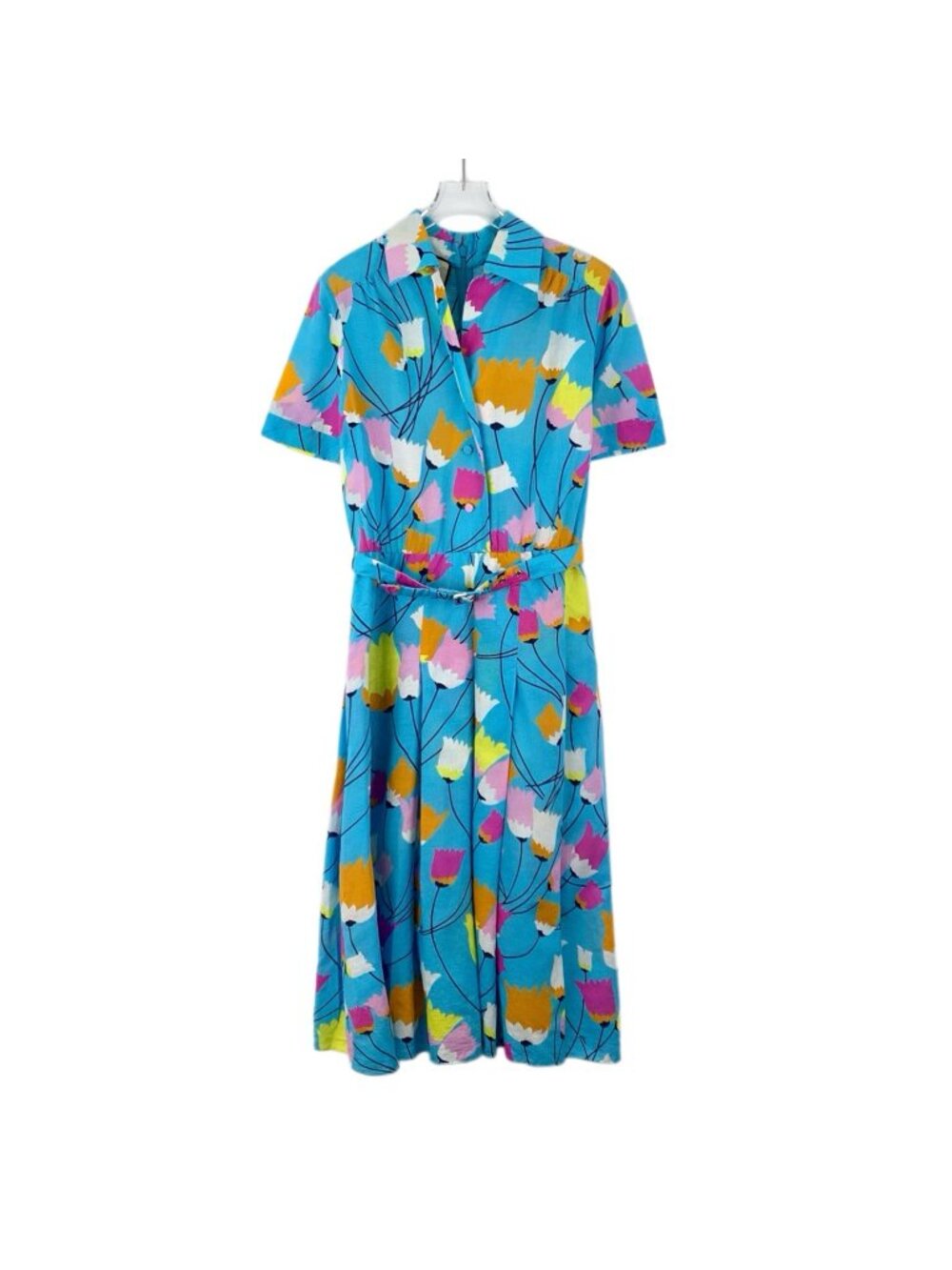 Gucci Ouverture Blue Floral Print Cotton Belted Short-Sleeve Dress